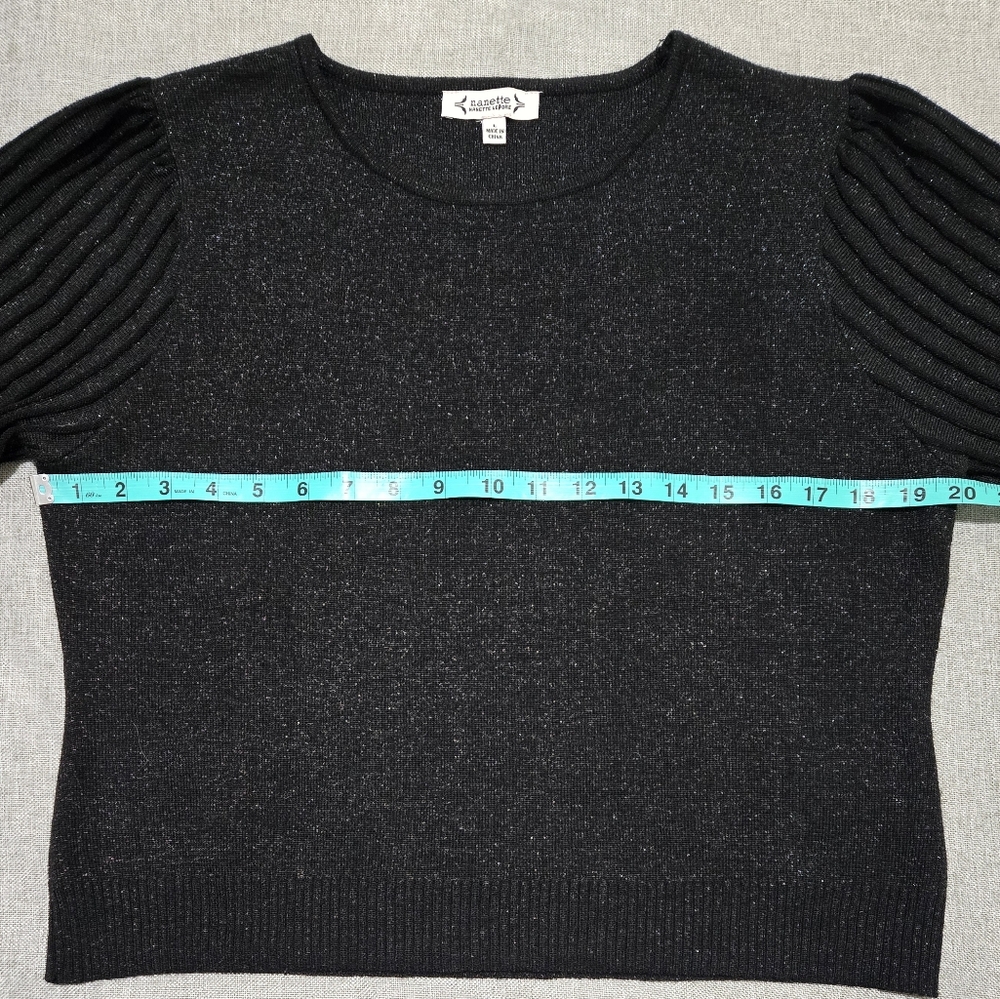 Nanette Lepore Black and Silver Sparkle Knit Sweater Ribbed Sleeves Size Large - Picture 8 of 14